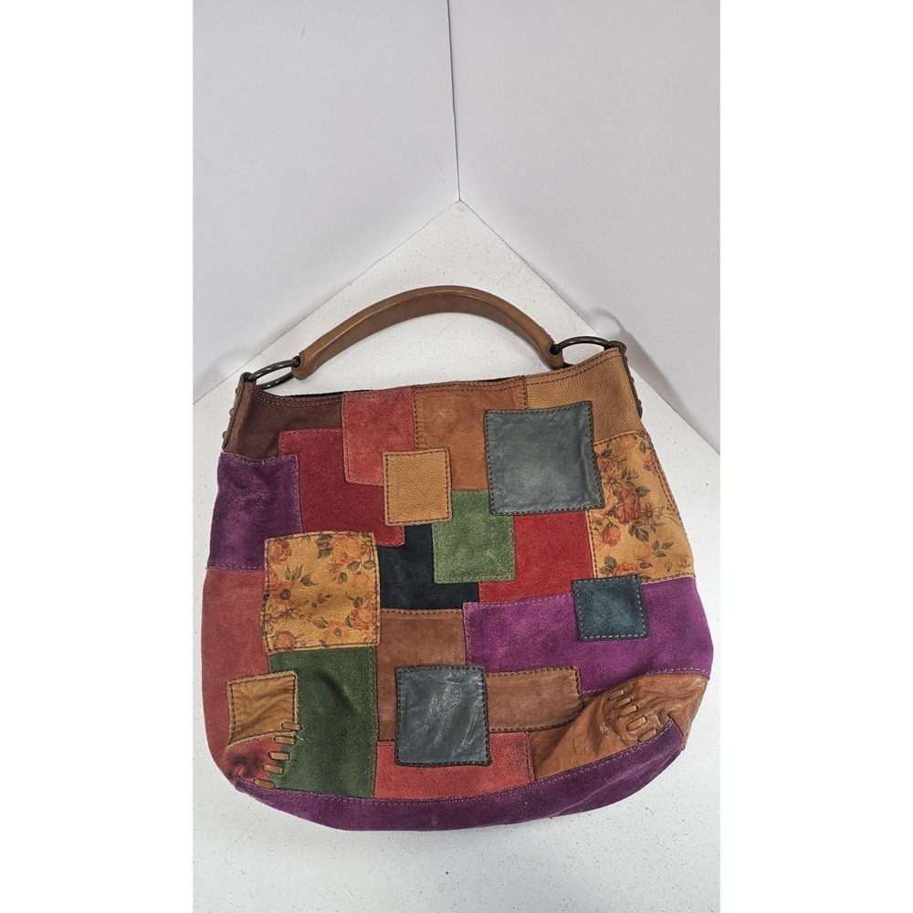 VTG Lucky Brand Y2K Boho Patchwork Leather Suede Hobo Bag Multicolor Magnet - Picture 2 of 10